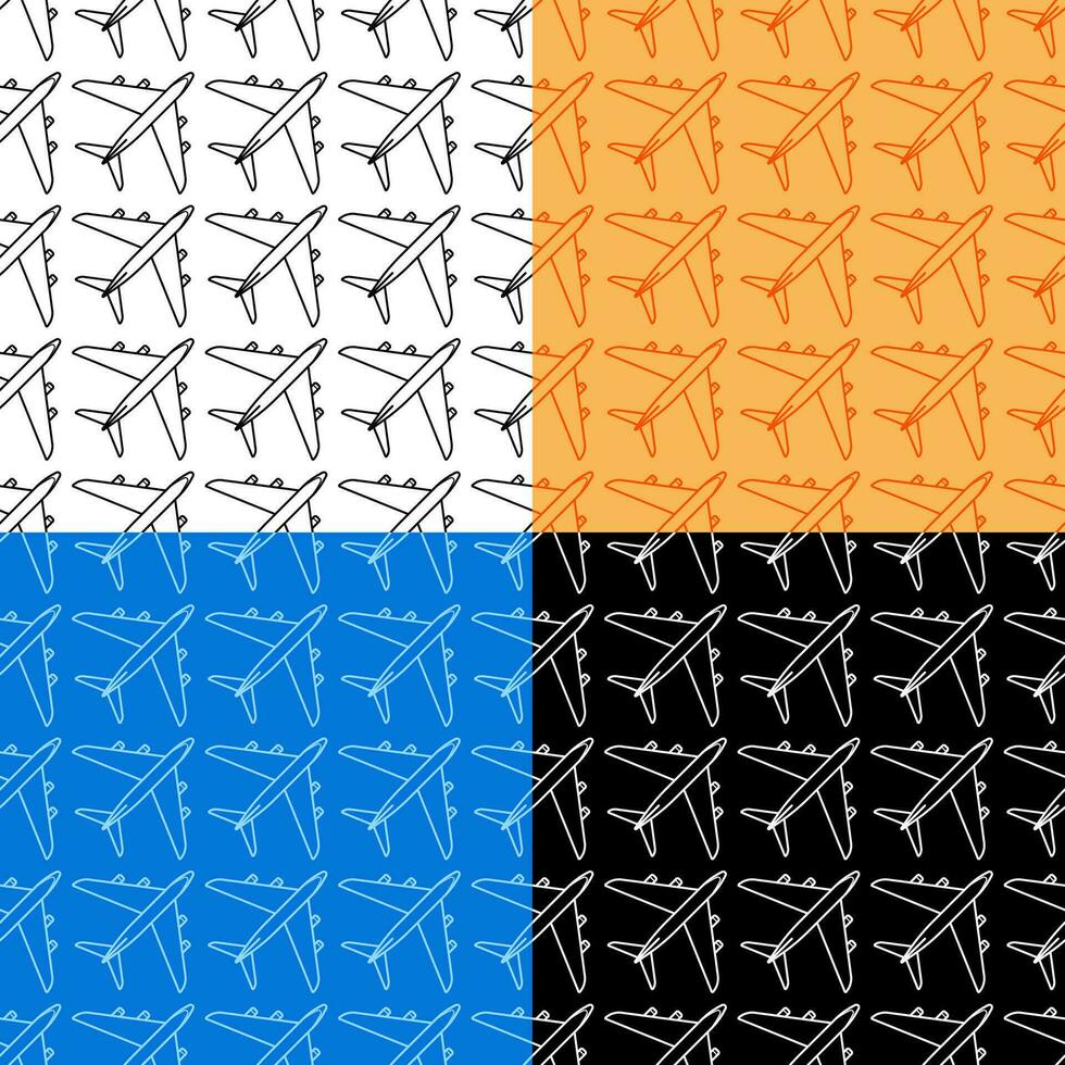 set of seamless patterns with civil aircraft icon. Airplane symbol for website. Ornament for decoration and printing on fabric. Design element. Vector