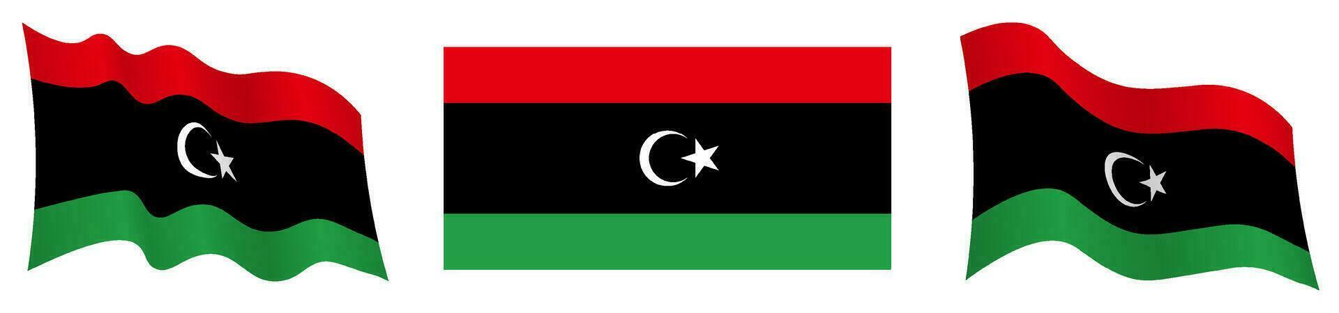 Libya flag in static position and in motion, fluttering in wind in exact colors and sizes, on white background vector