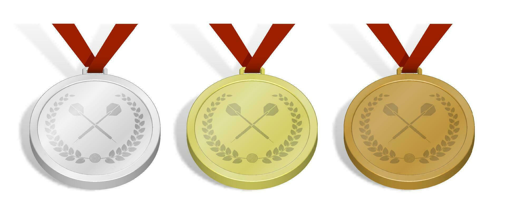 conjunto de deporte medallas con emblema de cruzado Deportes dardo flecha con laurel guirnalda para dardos competencia. oro, plata y bronce premio con azul cinta. 3d vector