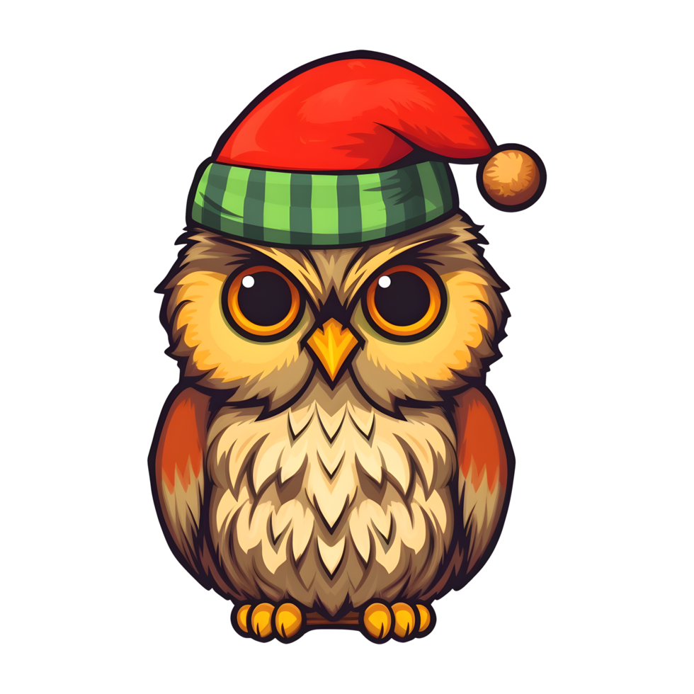 Owl Toddler Wearing Christmas Cap Illustration on Transparent Background png