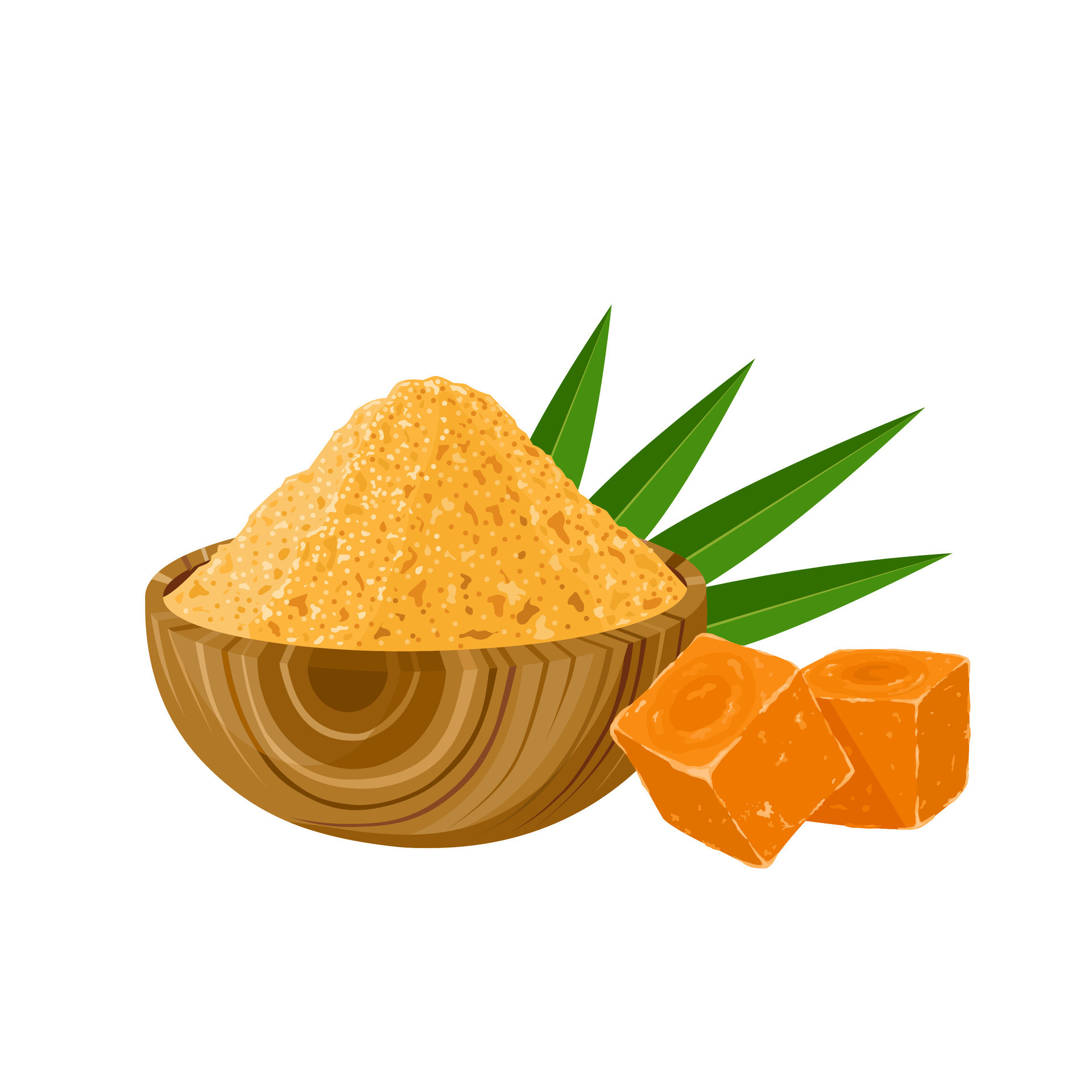 Vector illustration, palm sugar or jaggery in a wooden bowl, also