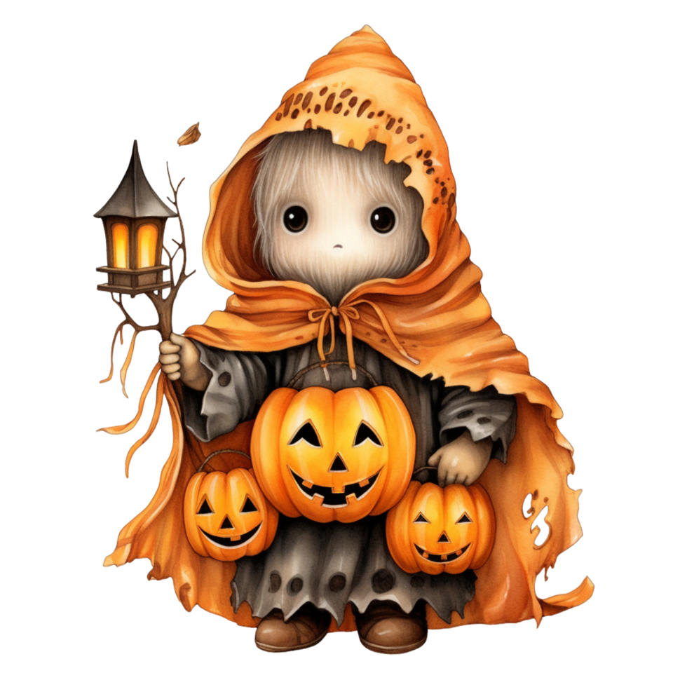 AI Generative Kawaii children holding jack o lanterns in their arm in Halloween festival png