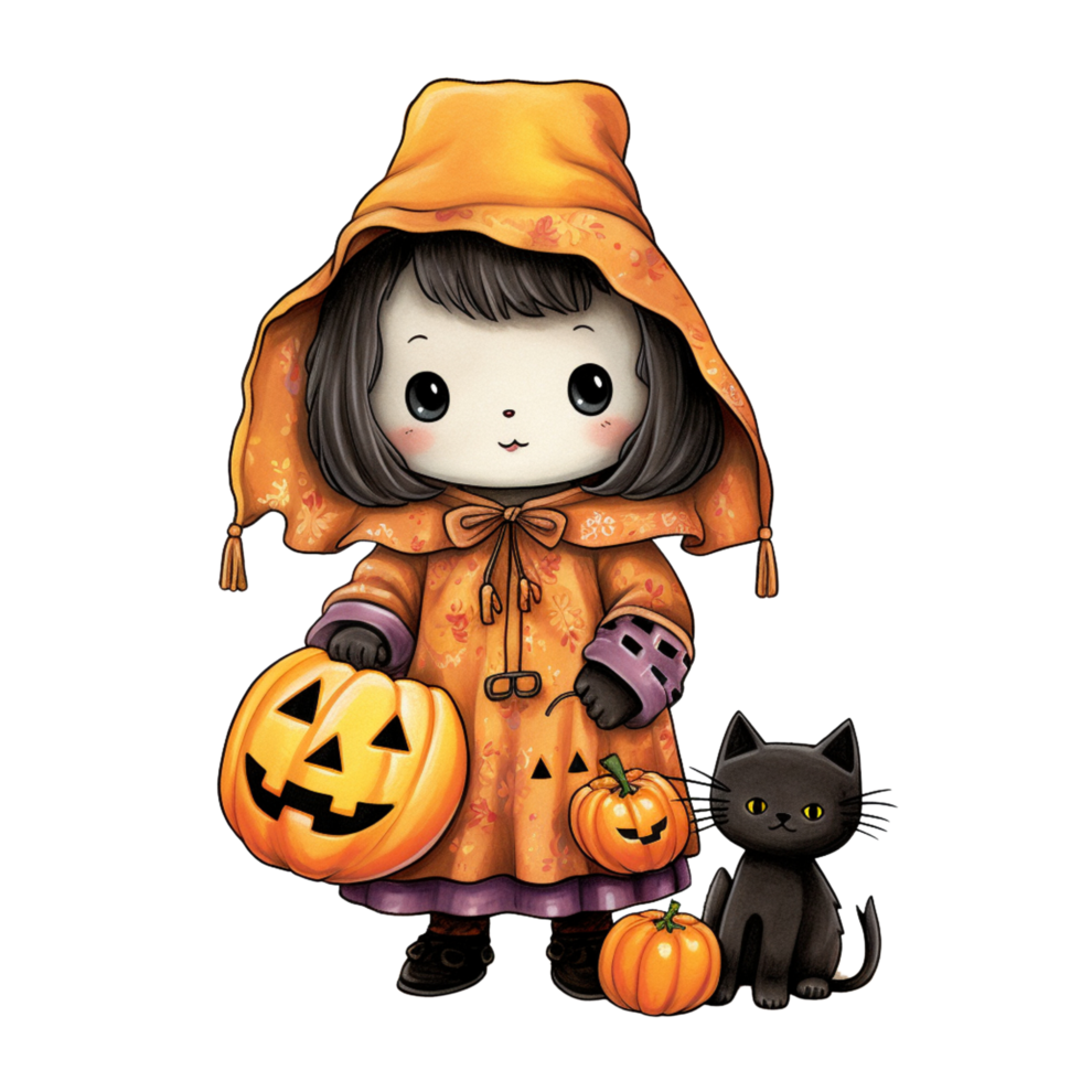 AI Generative Kawaii children holding jack o lanterns in their arm in Halloween festival png