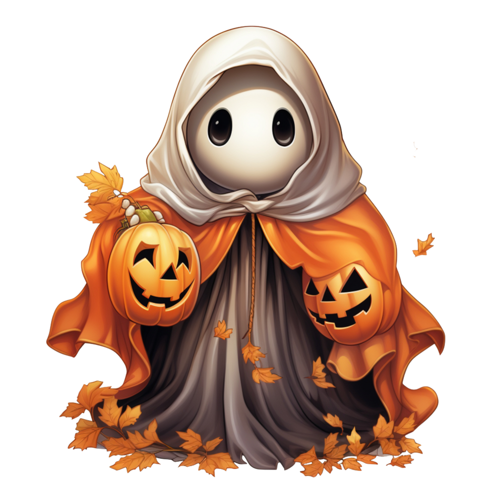 halloween cartoon smiling little witch in a pumpkin costume with a witch hat with pumpkin ghost png