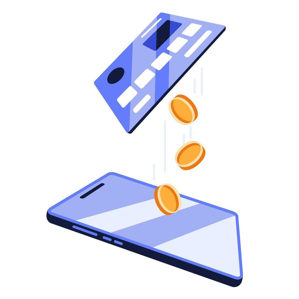 Mobile banking app and electronic payments. Smartphone credit card recharge via electronic phone wallet. Online banking. Shopping with your phone and connected card. Vector illustration