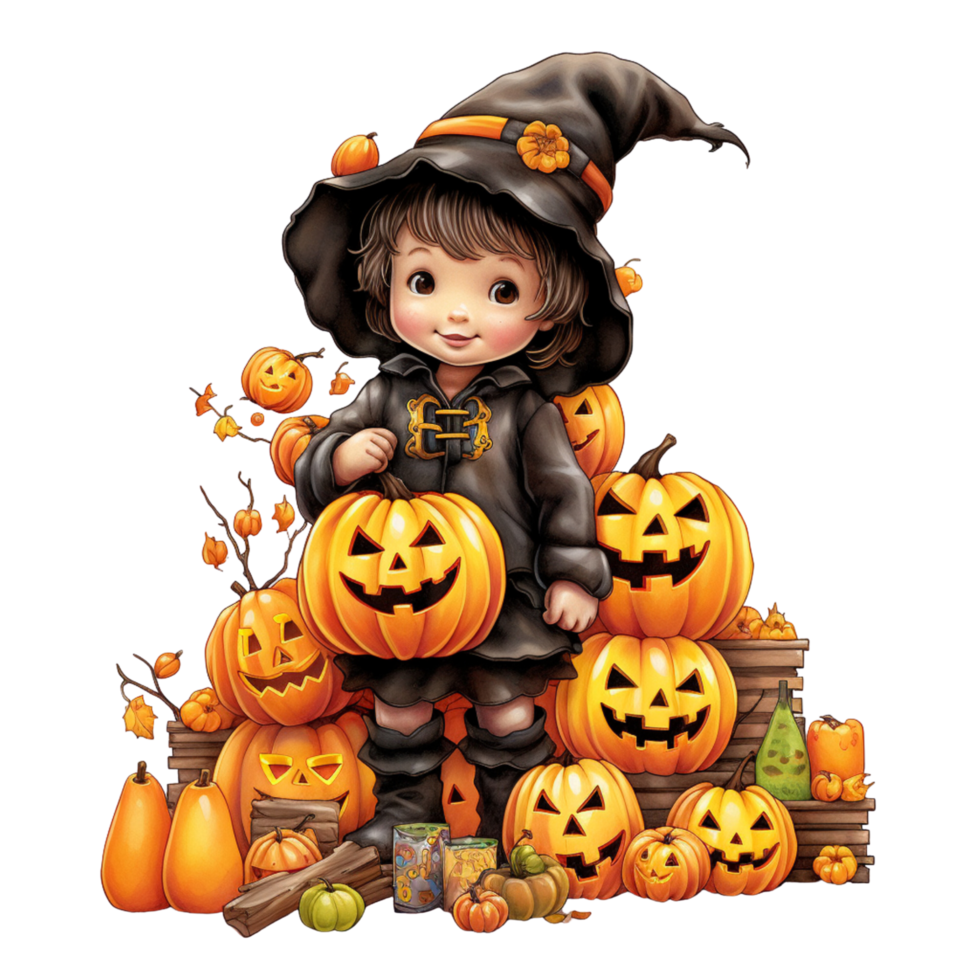 AI Generative Kawaii children holding jack o lanterns in their arm in Halloween festival png