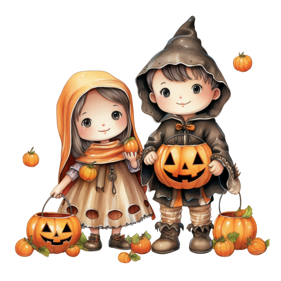 AI Generative Kawaii children holding jack o lanterns in their arm in Halloween festival png