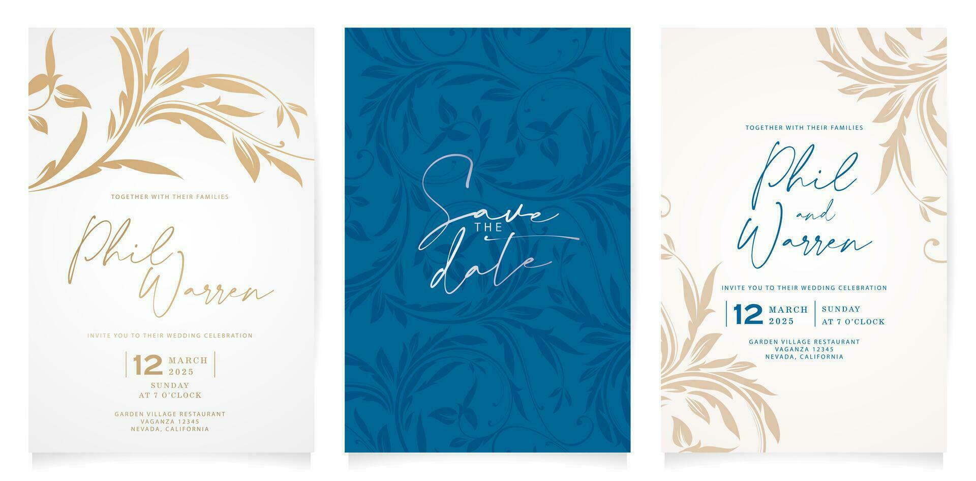 wedding invitation card with golden leaves ornate floral decorative three set minimalist styles for greetings cards template, Stationery, Layout, collage, scene designs, event flyers, prints materials vector