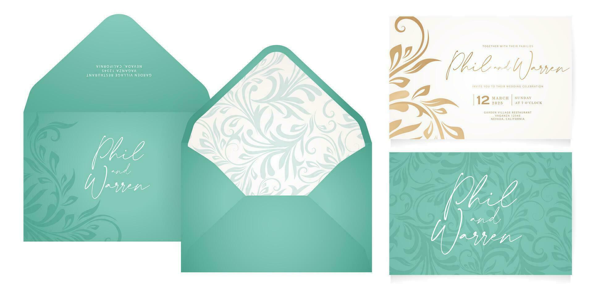 Wedding invitation card template with floral motif design envelope set for greetings cards template, Stationery, Layout, collages, scene designs, event flyers, prints paper materials holiday festivals vector