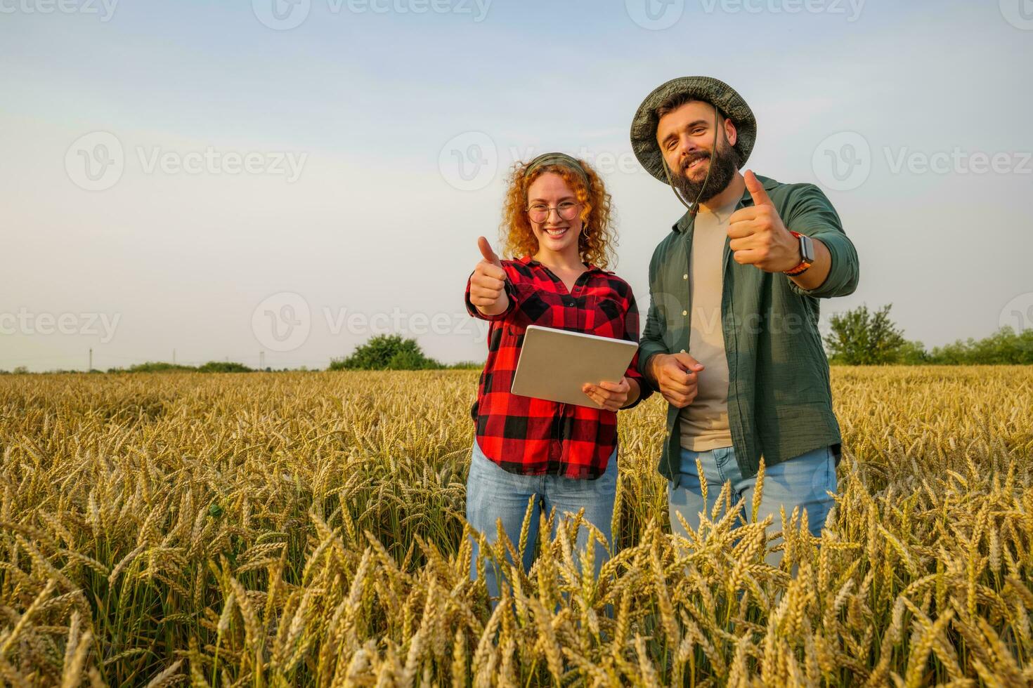 familia agrícola ocupación. hombre y mujer son cultivando trigo. ellos son satisfecho con bueno Progreso de plantas. foto