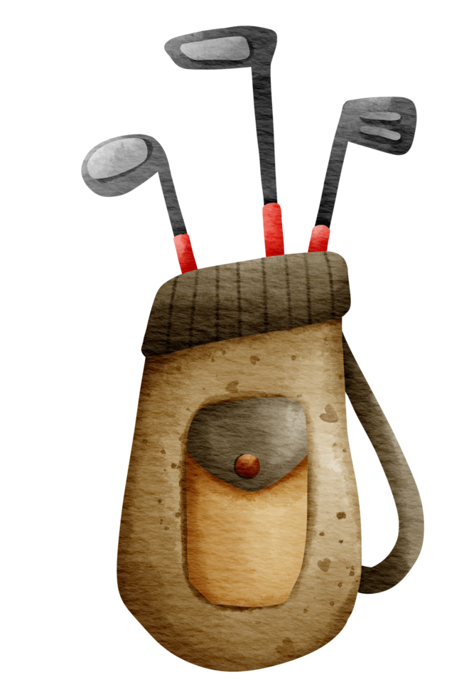 Isolated cute brown golf club bag in watercolor style and transparent background png