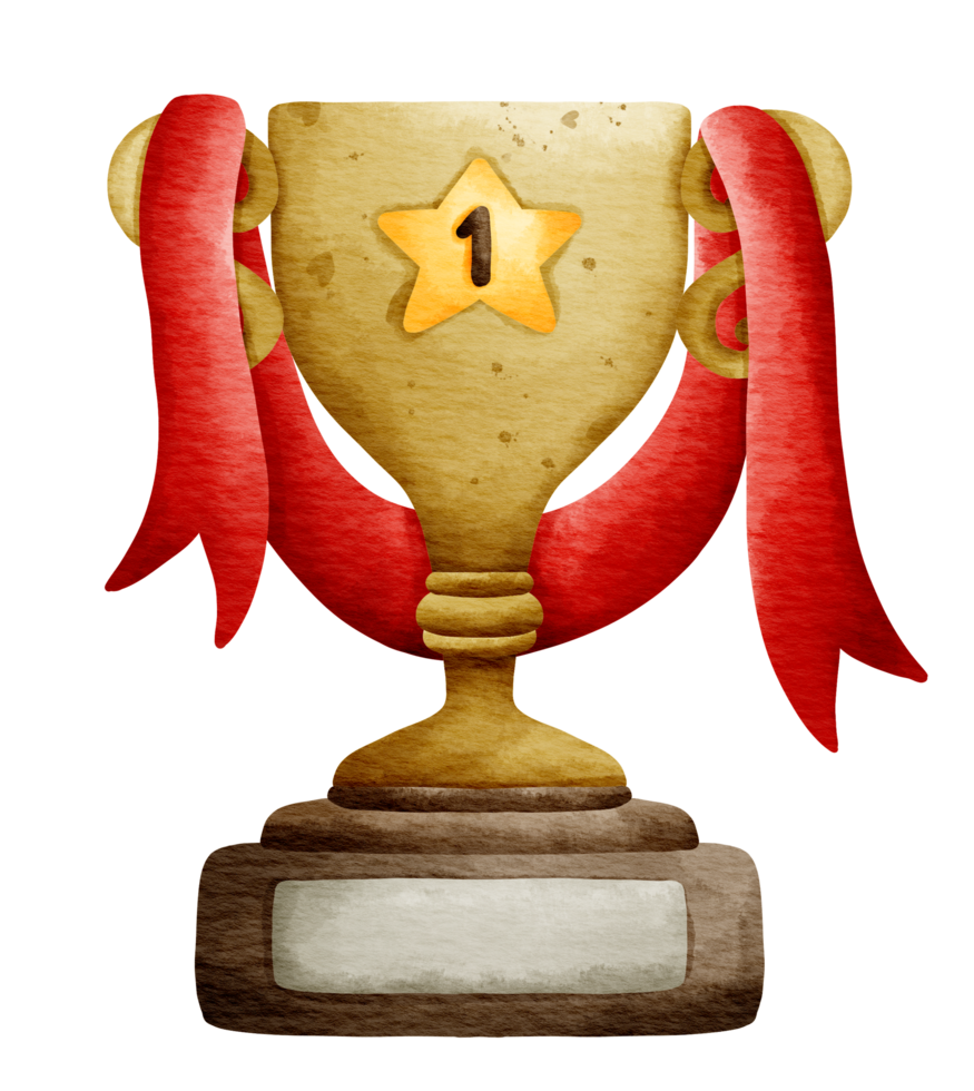 Isolated cute golden trophy with number 1 star and red ribbon in watercolor style and transparent background png