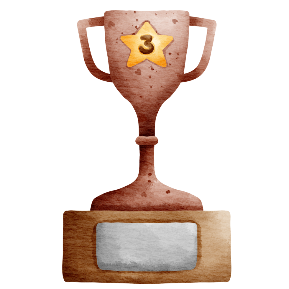 Isolated cute bronze trophy with number 3 star in watercolor style and transparent background png