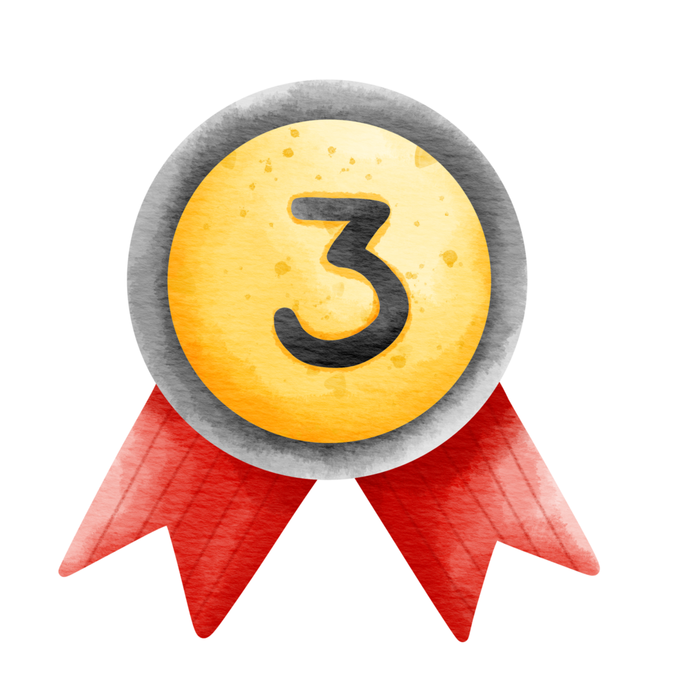 Isolated cute colorful third place prize medal in watercolor style and transparent background png