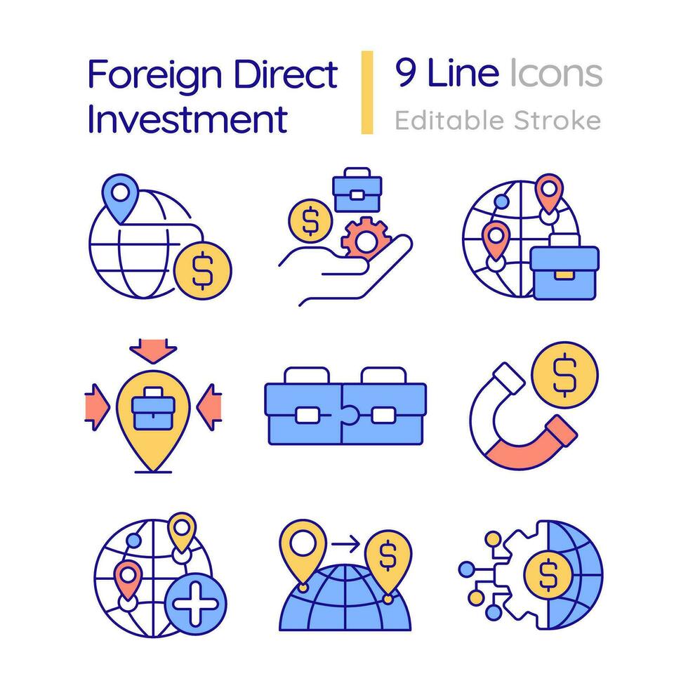 Editable icons set representing foreign direct investment, isolated vector, thin line illustration. vector