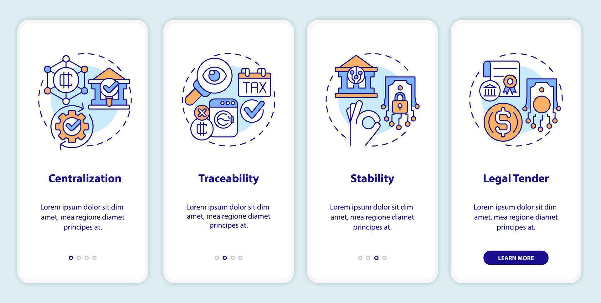 2D icons representing digital currency mobile app screen set. Walkthrough 4 steps multicolor graphic instructions with linear icons concept, UI, UX, GUI template. vector