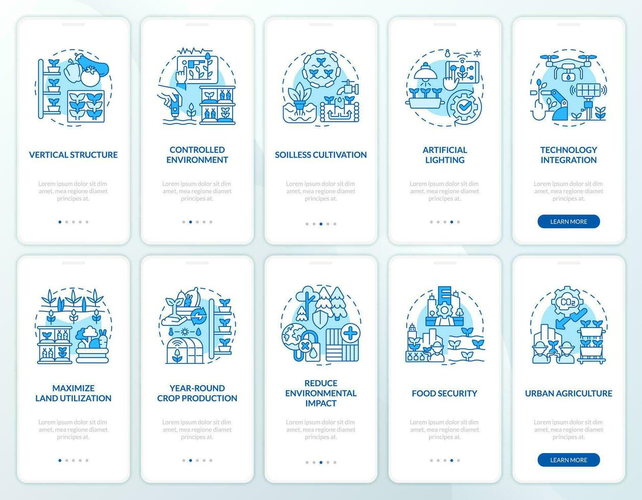 2D blue icons representing vertical farming and hydroponics mobile app screen set. Walkthrough 5 steps colorful graphic instructions with linear concepts, UI, UX, GUI template. vector