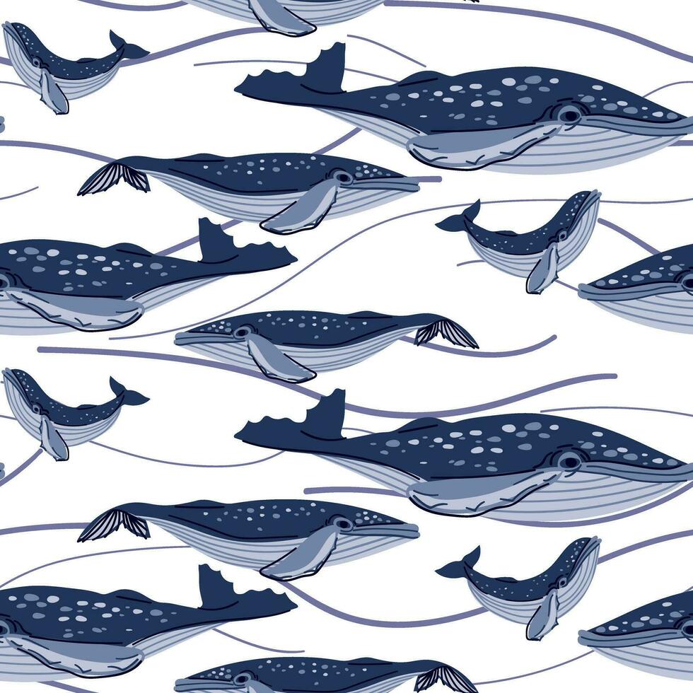 Cute seamless whale pattern on a blue background. The pattern repeats a blue and white marine animal with a family. Illustration of a humpback whale, dad, mom and baby hand-drawn. Printing on textiles vector