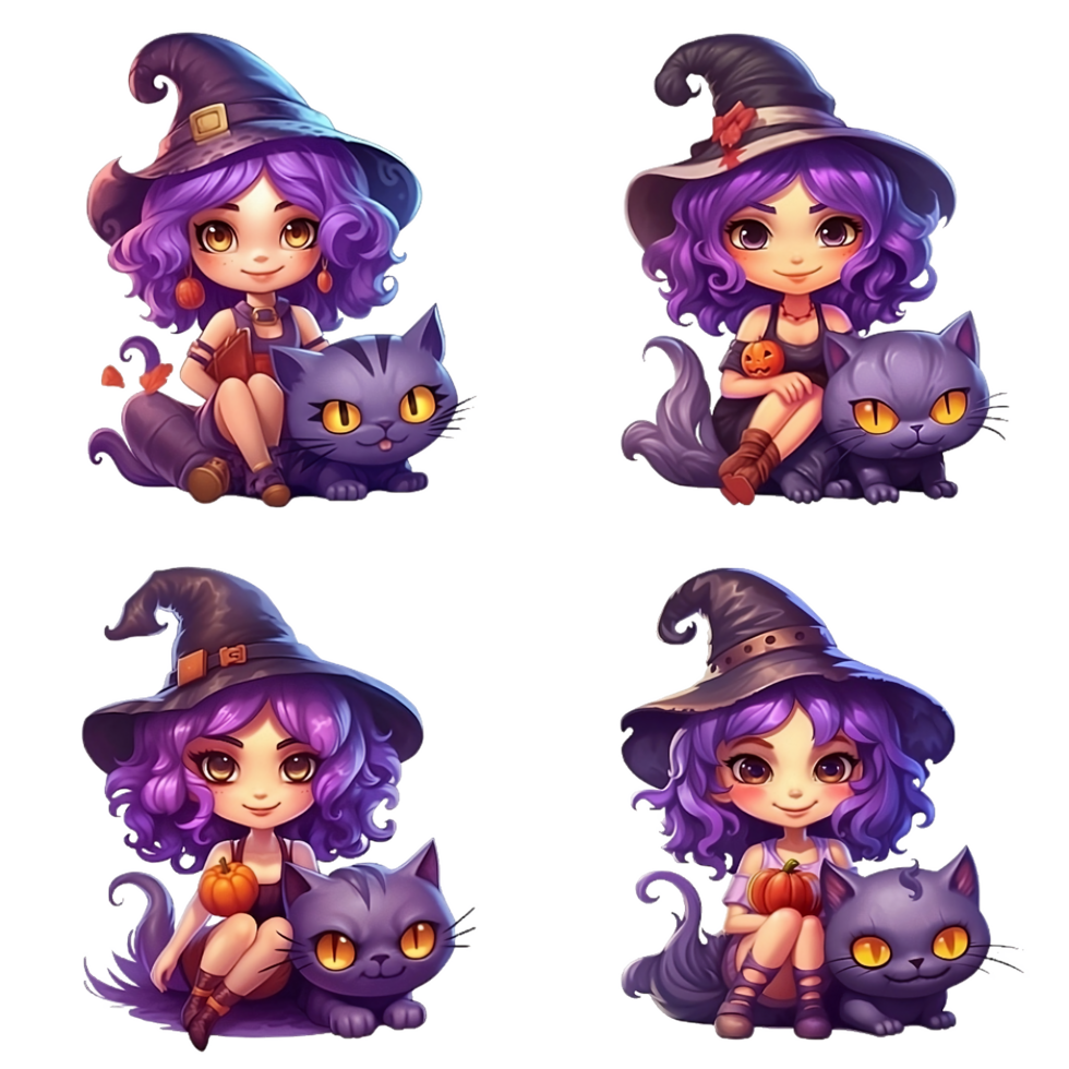 cartoon witch with cat and pumpkin, halloween, png, ai generated png