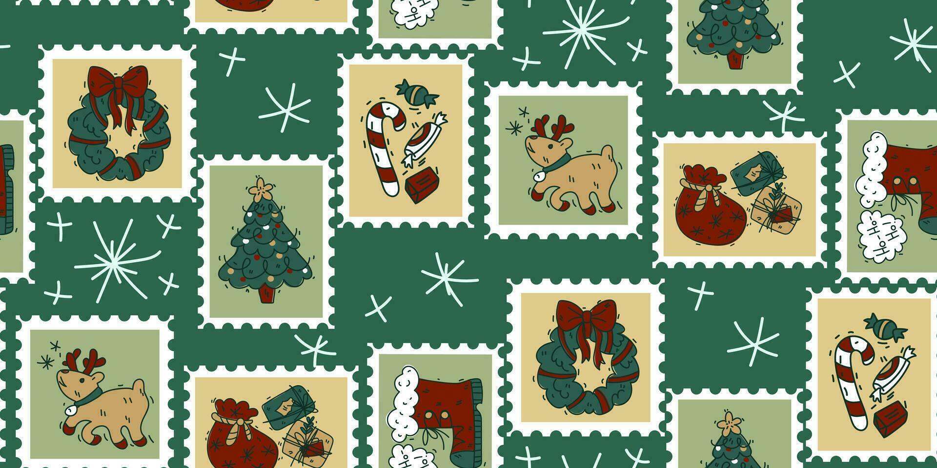 A pattern of cute hand-drawn postage stamps with Christmas and New Year paraphernalia deer, wreath, Christmas tree, candy. Fashionable vector illustrations in cartoon retro style with a bright outline