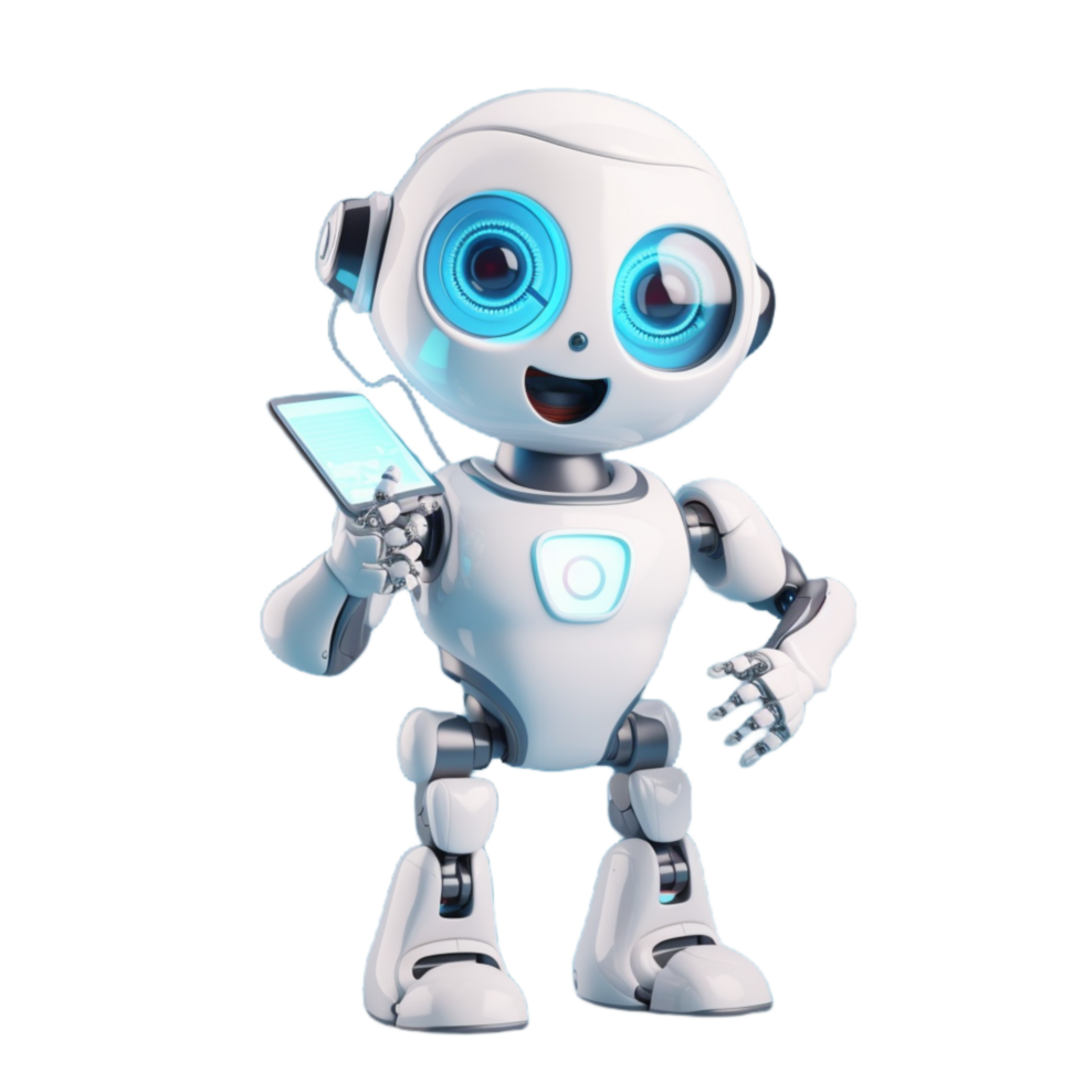 a robot holding a phone and looking at it, png