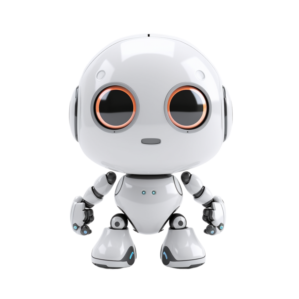 a white robot with orange eyes on a transparent background. AI Generative png