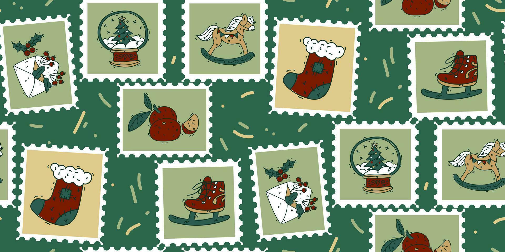 A pattern of cute hand-drawn postage stamps with Christmas and New Year paraphernalia, tangerines, a sock, a snow globe, skates. Fashionable vector illustrations in cartoon retro style with a outline