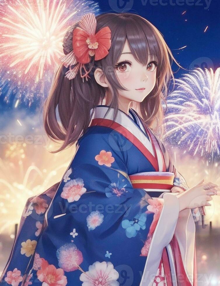 hermosa kimono niña con fuegos artificiales en el noche cielo. foto