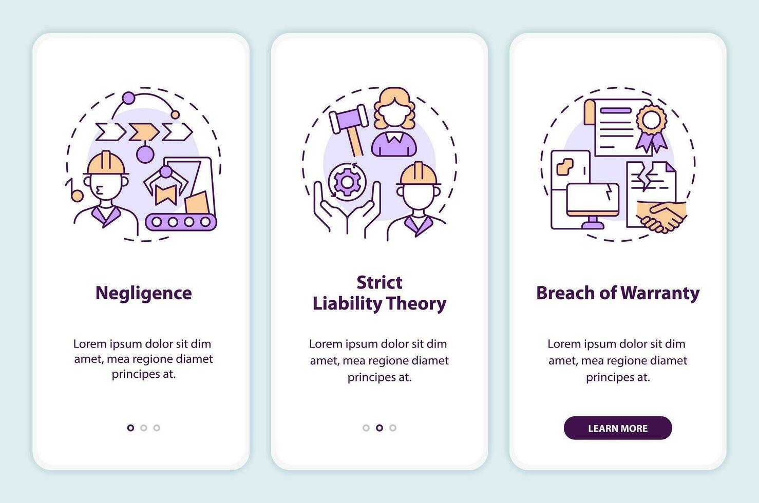 2D icons representing product liability mobile app screen set. Walkthrough 3 steps multicolor graphic instructions with linear icons concept, UI, UX, GUI template. vector