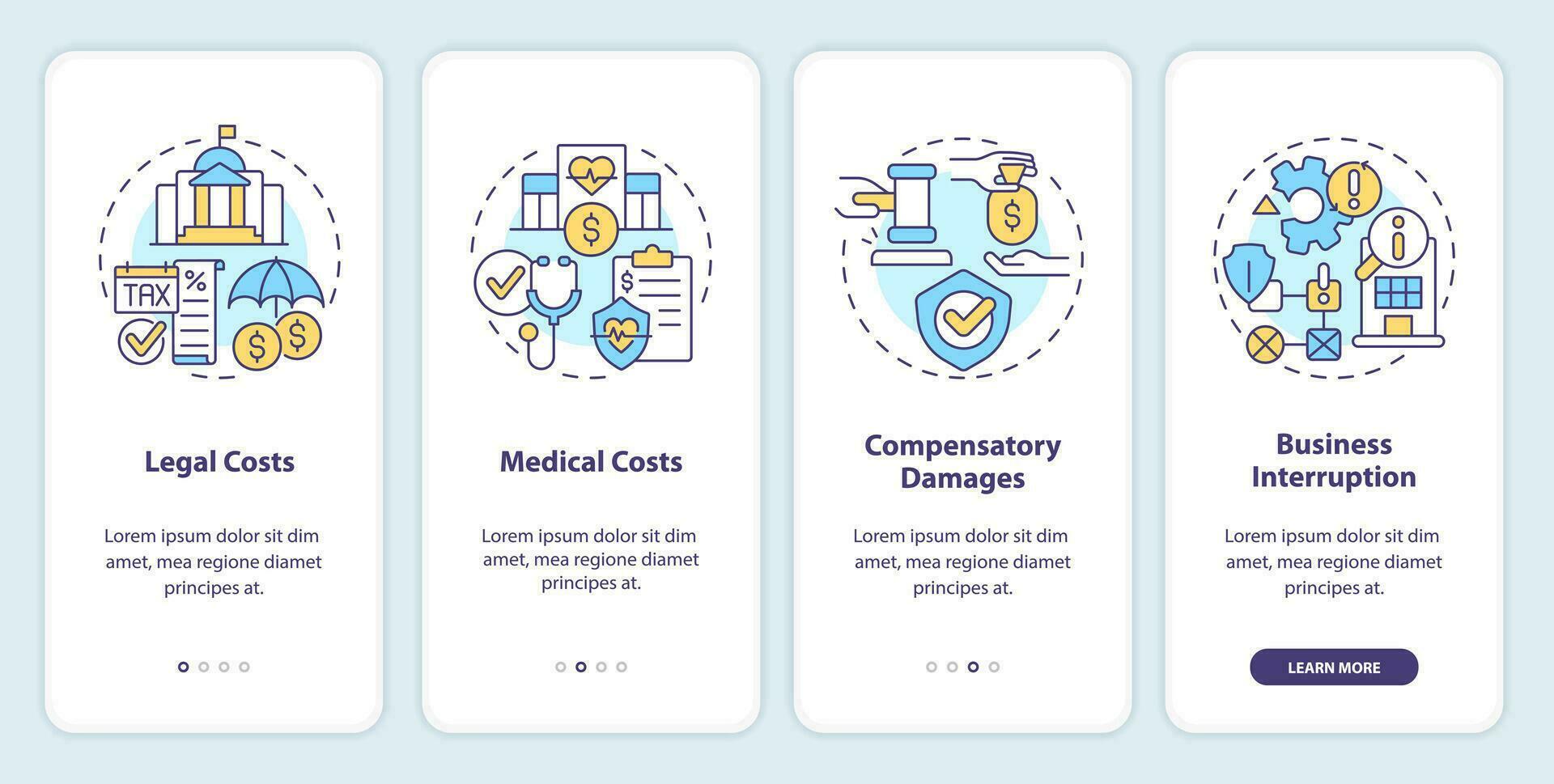 2D icons representing product liability mobile app screen set. Walkthrough 4 steps colorful graphic instructions with line icons concept, UI, UX, GUI template. vector