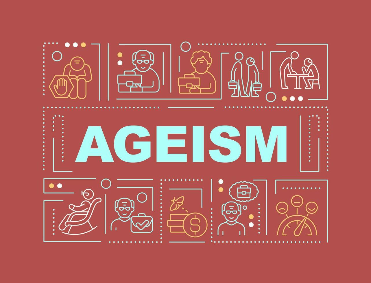 Ageism text with various thin line icons concept on dark red monochromatic background, editable 2D vector illustration.