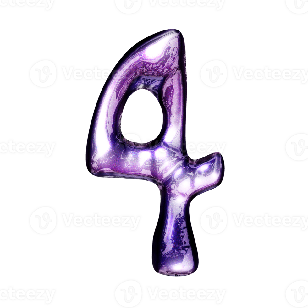 Four number y2k alphabet with liquid dark purple chrome effect png