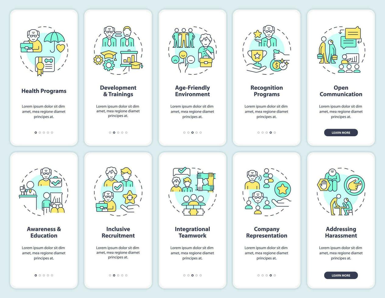 2D icons representing unretirement mobile app screen set. Walkthrough 5 steps multicolor graphic instructions with thin line icons concept, UI, UX, GUI template. vector