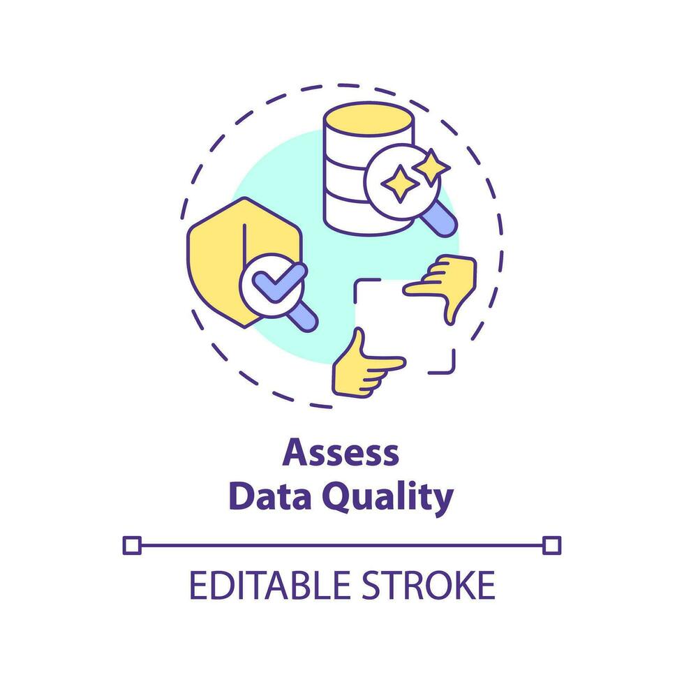 Editable assess data quality concept thin line icon, isolated vector representing data democratization.