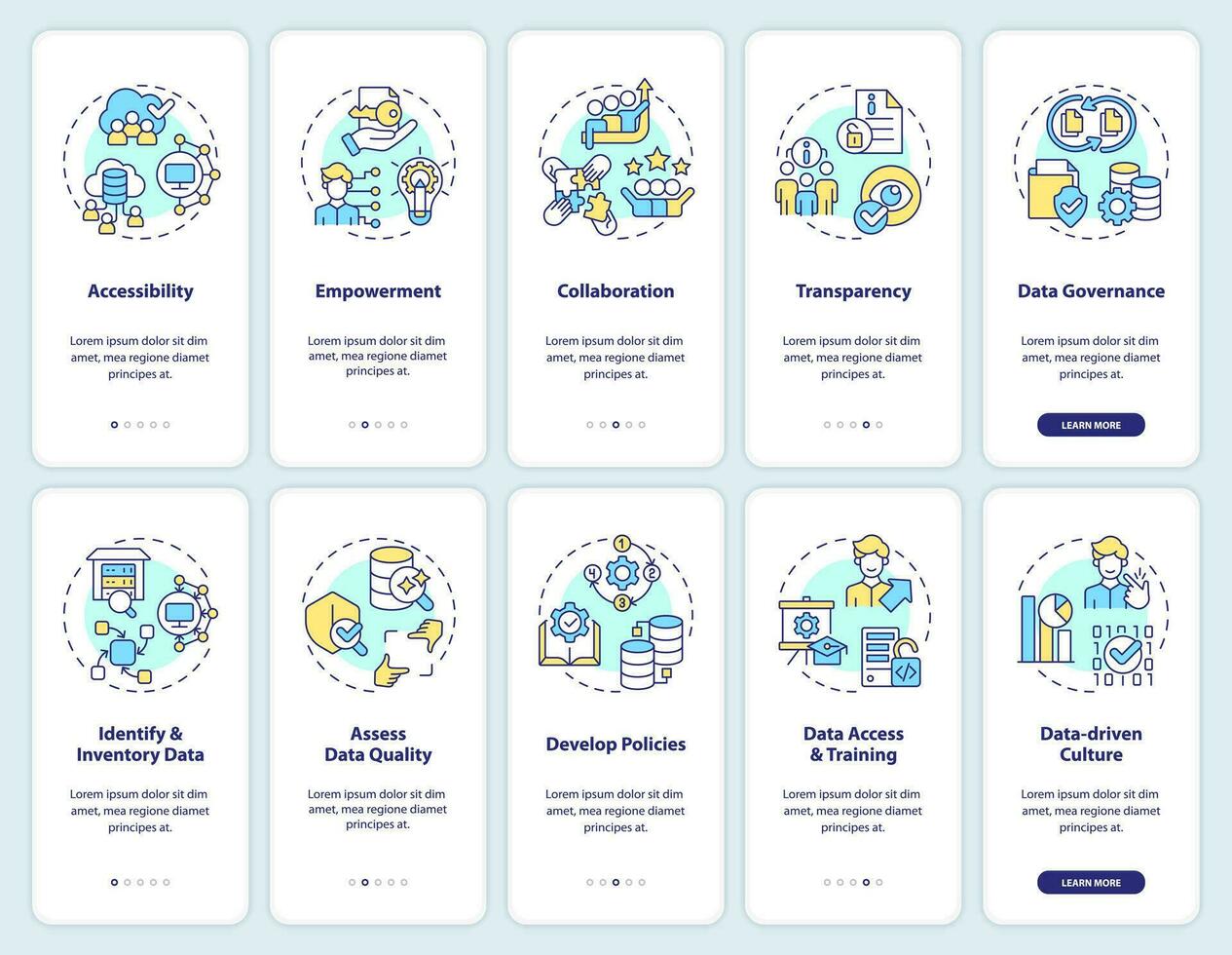 2D icons representing data democratization mobile app screen set. Walkthrough 5 steps colorful graphic instructions with thin line icons concept, UI, UX, GUI template. vector