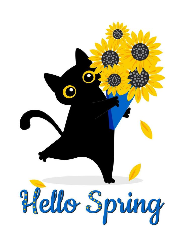 Black cartoon cute cat holds a bouquet with sunflowers in its paws on a white background with the inscription Hello Spring. Vector. vector