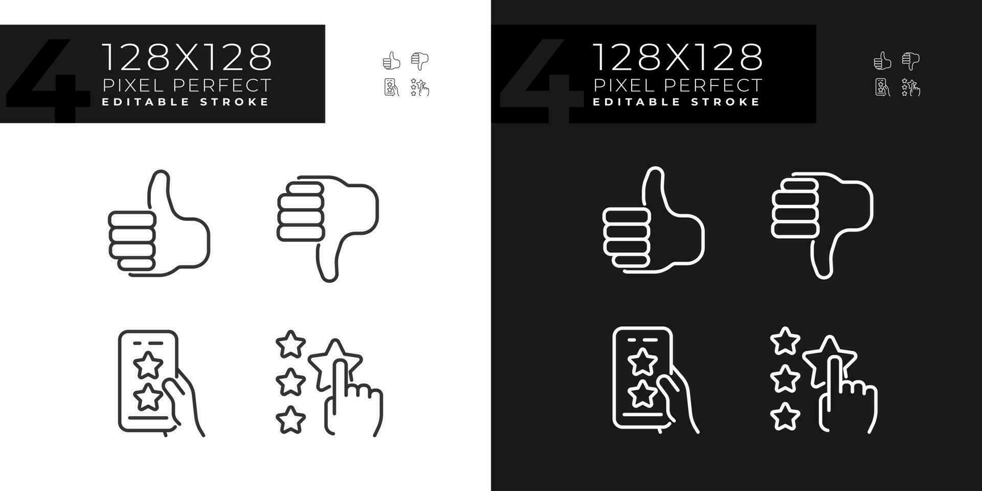 Rating of customer service pixel perfect linear icons set for dark, light mode. Online reaction on products. Thin line symbols for night, day theme. Isolated illustrations. Editable stroke vector