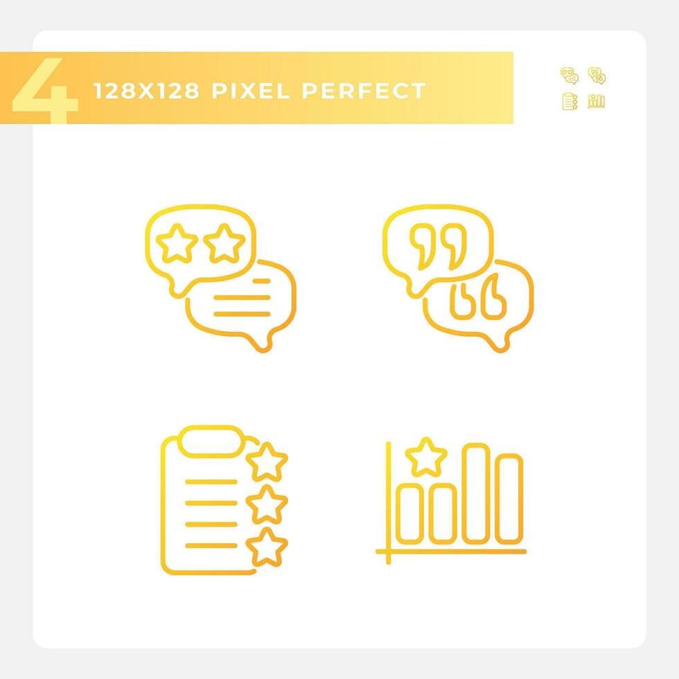 Business rating analysing pixel perfect gradient linear vector icons set. Studying reaction. Service improvement. Thin line contour symbol designs bundle. Isolated outline illustrations collection