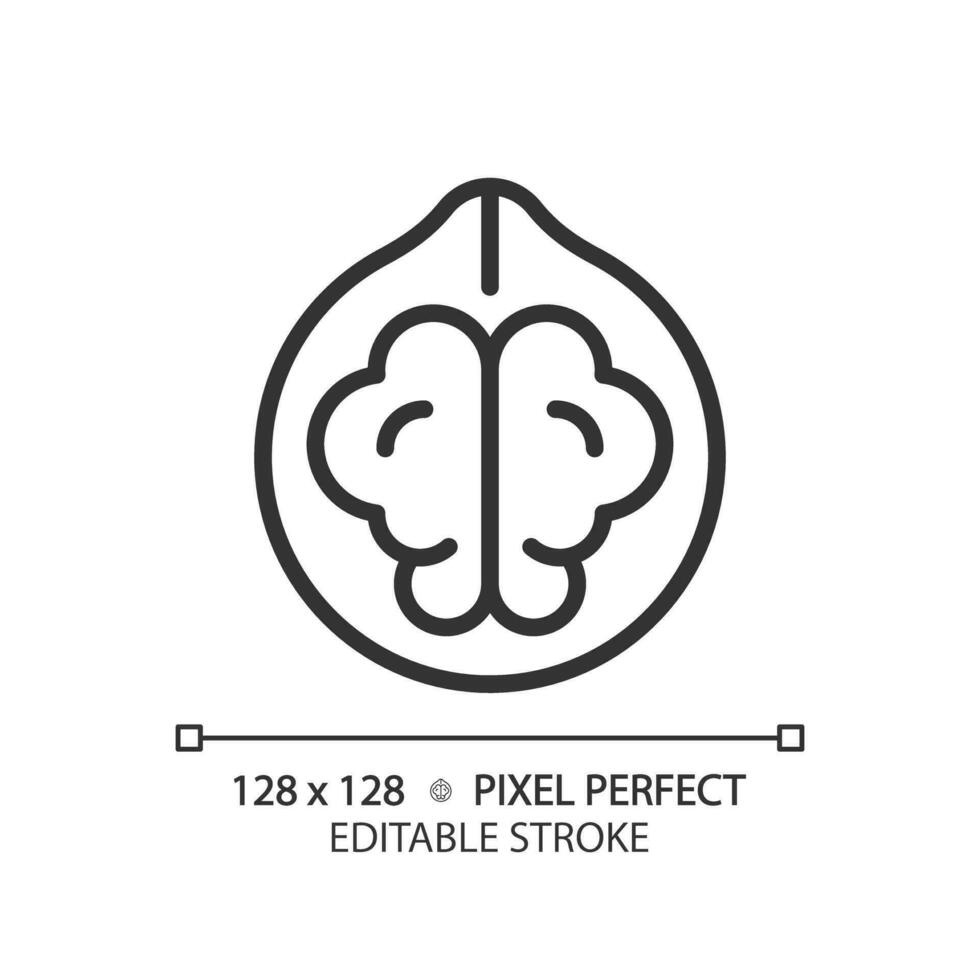 Nuts pixel perfect linear icon. Raw walnut. Vegan cuisine. Snack aisle. Protein source. Culinary ingredient. Thin line illustration. Contour symbol. Vector outline drawing. Editable stroke