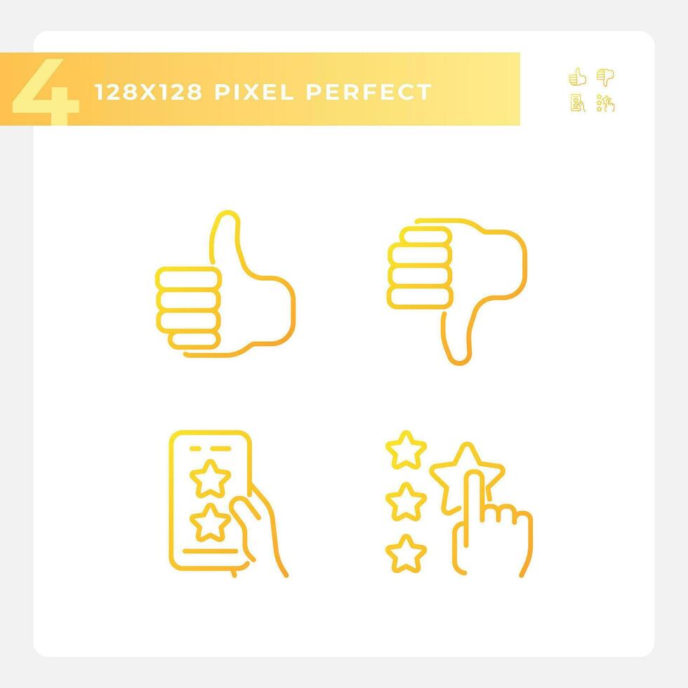 Rating of customer service pixel perfect gradient linear vector icons set. Online reaction on products. Thin line contour symbol designs bundle. Isolated outline illustrations collection