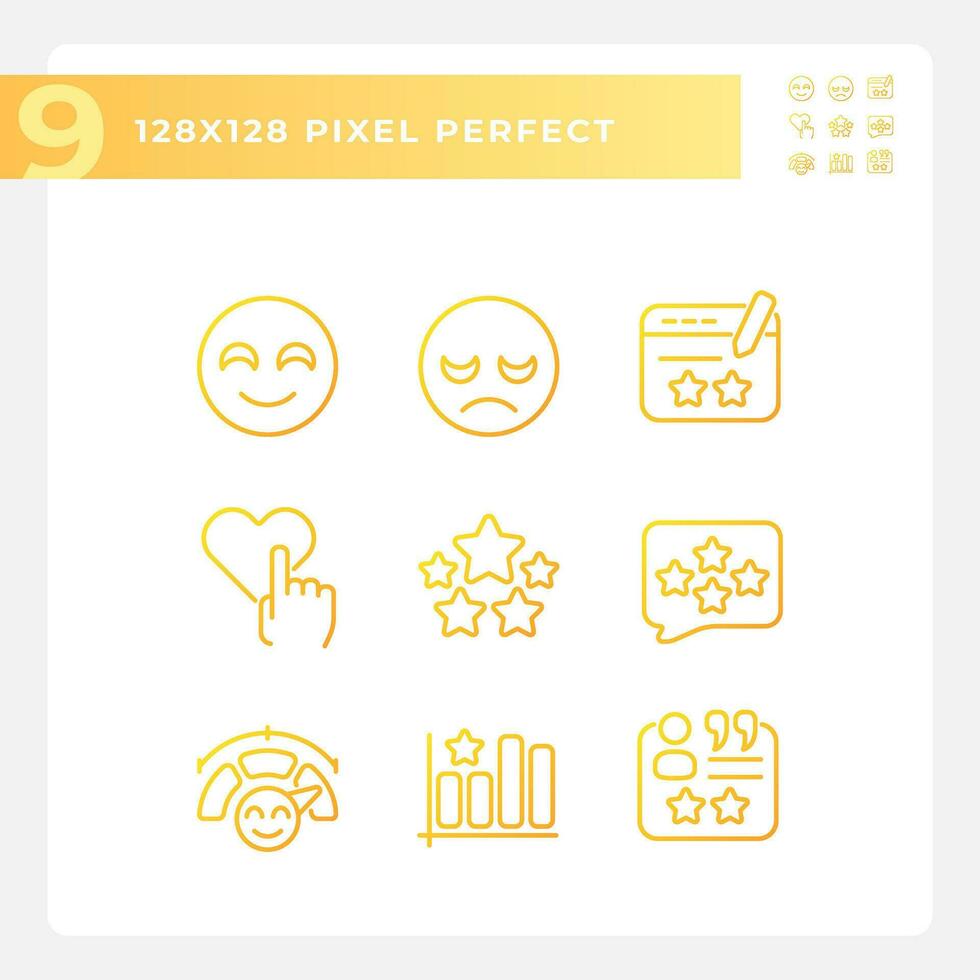 Customer reaction on content pixel perfect gradient linear vector icons set. Evaluation of service. Experience share. Thin line contour symbol designs bundle. Isolated outline illustrations collection