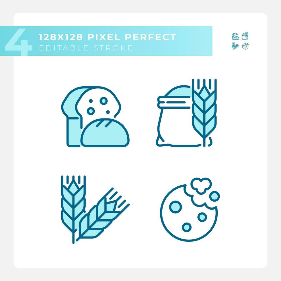 Bakery and bread pixel perfect blue RGB color icons set. Fresh baked goods. Wheat products. Whole grain. Isolated vector illustrations. Simple filled line drawings collection. Editable stroke