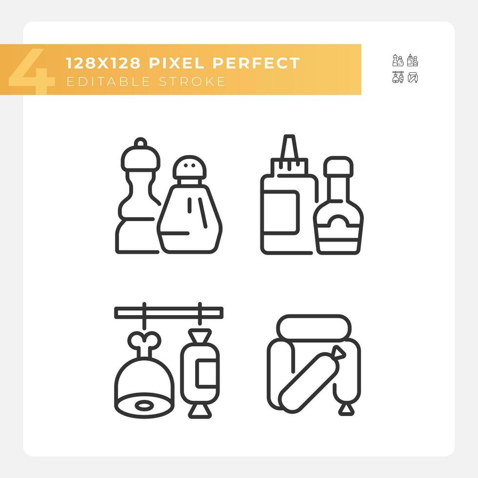 Barbecue food pixel perfect linear icons set. Meat market. Grilling season. Deli counter. Sausage category. Customizable thin line symbols. Isolated vector outline illustrations. Editable stroke