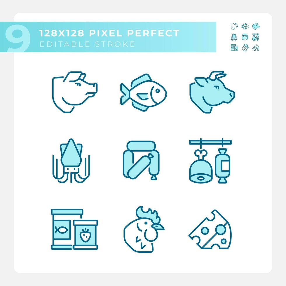 Grocery store pixel perfect blue RGB color icons set. Food market. Retail business. Meat and poultry. Isolated vector illustrations. Simple filled line drawings collection. Editable stroke