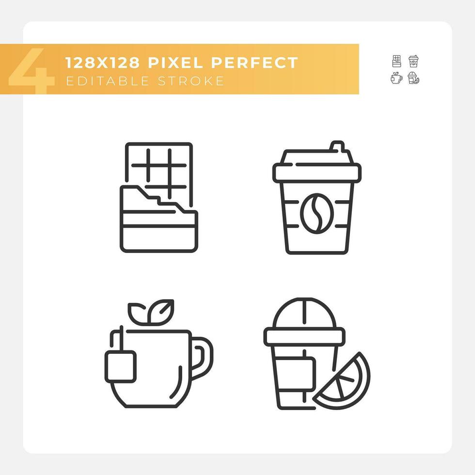 Drinks and desserts pixel perfect linear icons set. Cafe menu. Coffee shop. Tea time. Beverage aisle. Customizable thin line symbols. Isolated vector outline illustrations. Editable stroke