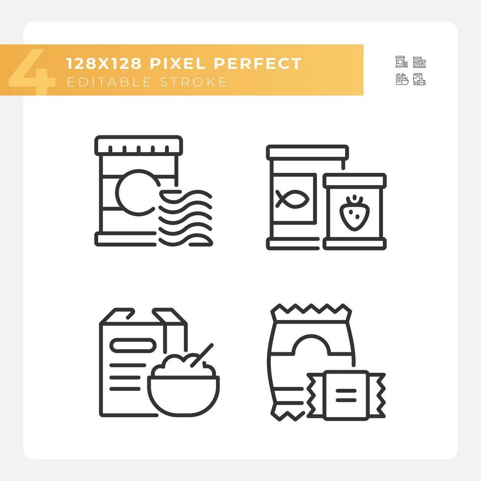 Packaged products pixel perfect linear icons set. Cooked meal. Prepared food. Supermarket foodservice. Customizable thin line symbols. Isolated vector outline illustrations. Editable stroke