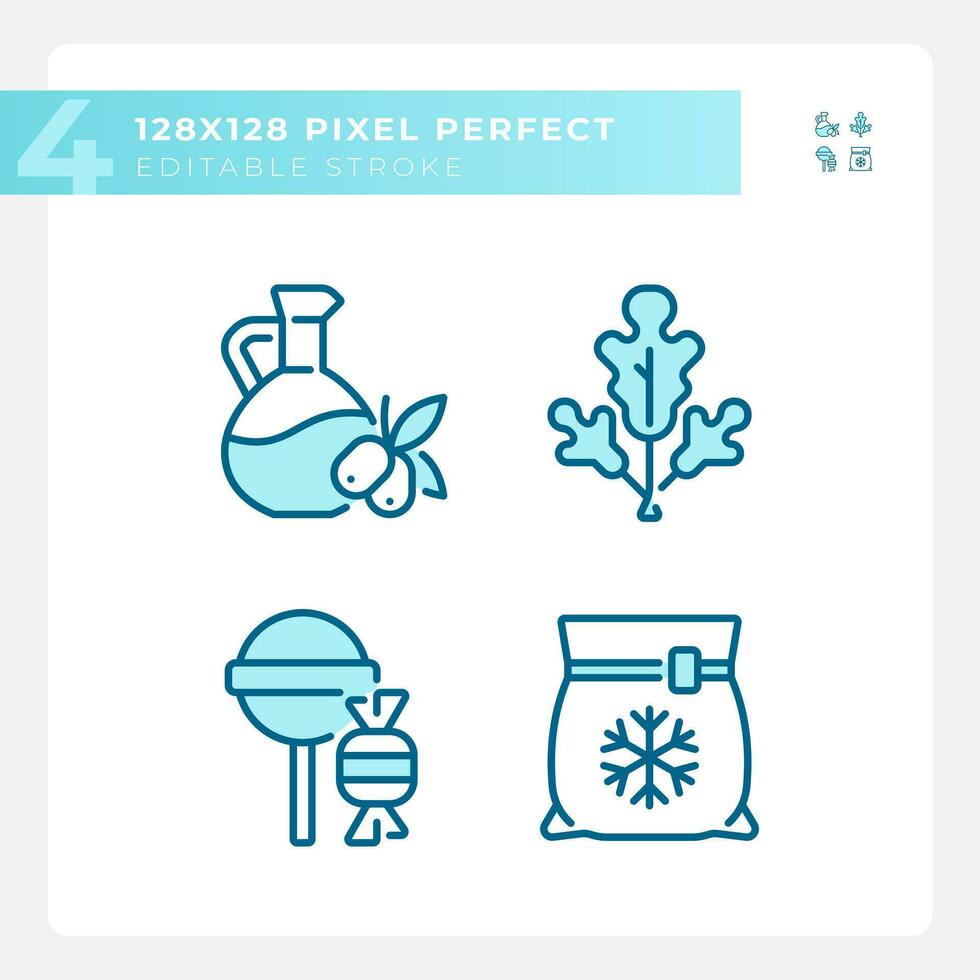 Retail assortment pixel perfect blue RGB color icons set. Food variety. Online grocery. Supermarket shelf. Isolated vector illustrations. Simple filled line drawings collection. Editable stroke