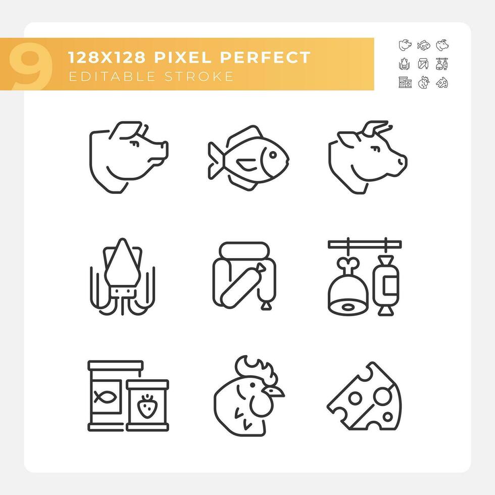 Grocery store pixel perfect linear icons set. Food market. Retail business. Meat and poultry. Customizable thin line symbols. Isolated vector outline illustrations. Editable stroke