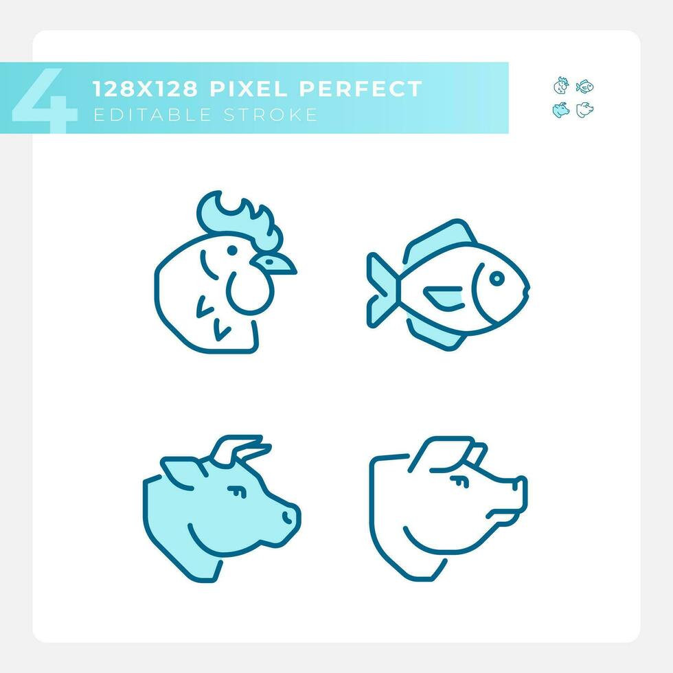 Meat and fish products pixel perfect blue RGB color icons set. Protein source. Food group. Farm animals. Isolated vector illustrations. Simple filled line drawings collection. Editable stroke