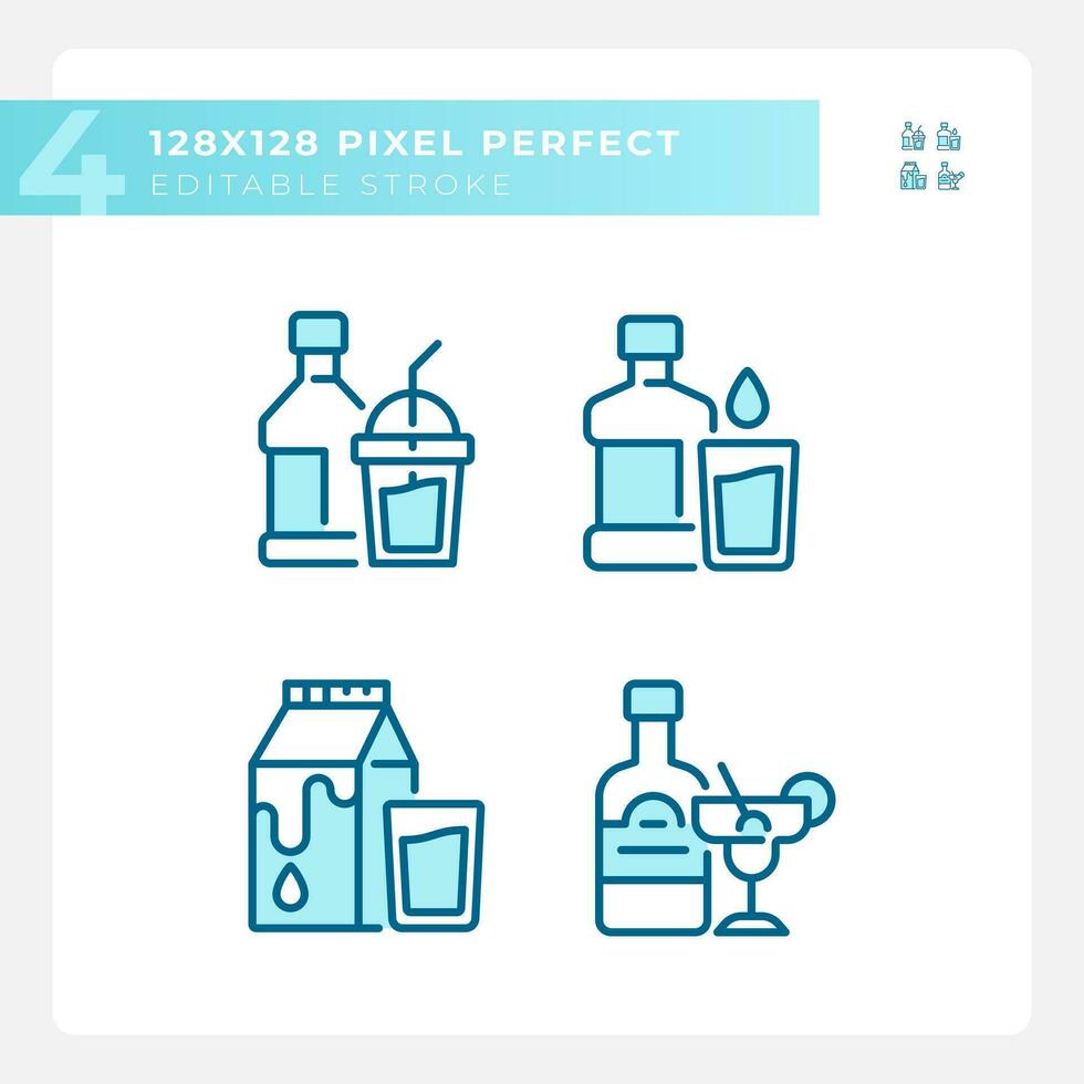 Bottled beverages pixel perfect blue RGB color icons set. Alcohol and soft drinks. Liquid refreshments. Isolated vector illustrations. Simple filled line drawings collection. Editable stroke